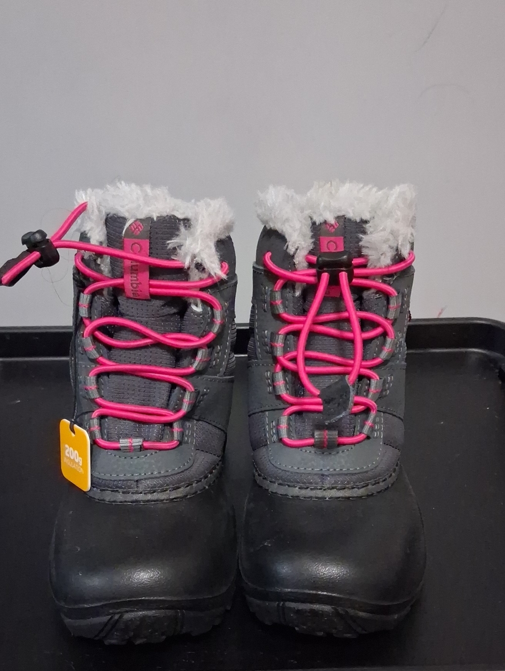 Columbia Kids Gray Boots with Pink Laces and White Faux-Fur Trim